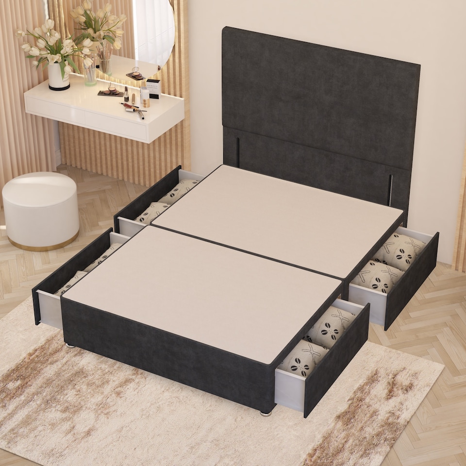 image 1 of Divan Bed Base with 4 Drawers & Plain Floor Standing Headboard Plush Velvet | Grey | Charcoal
