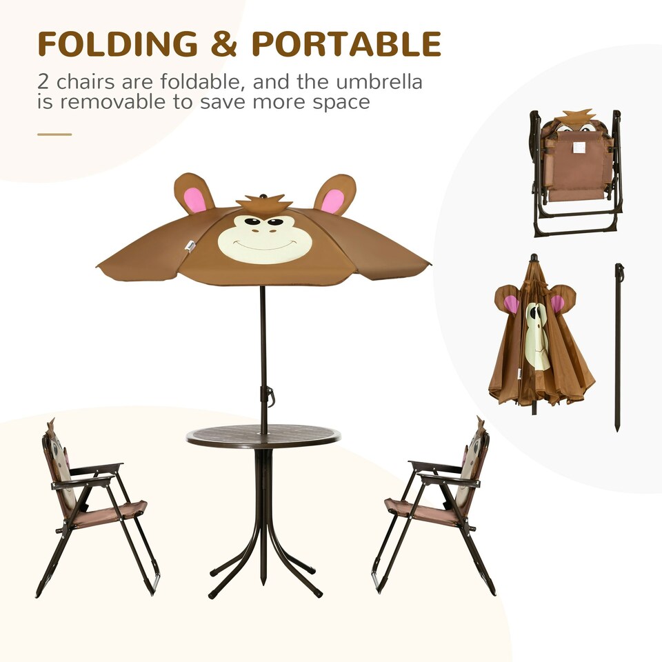 image 1 of Outsunny Kids Foldable Four-Piece Garden Set w/ Table, Chairs, Umbrella - Brown