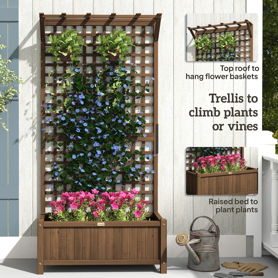 image 1 of Outsunny Wood Planter with Trellis for Climbing Plants Vines Planter Box Brown
