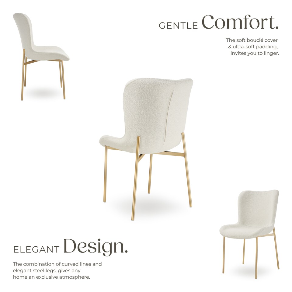 image 1 of Dining Chair Tessa - ergonomic high backrest, slim steel legs, soft fabric | White | Bouclé white/gold | 1