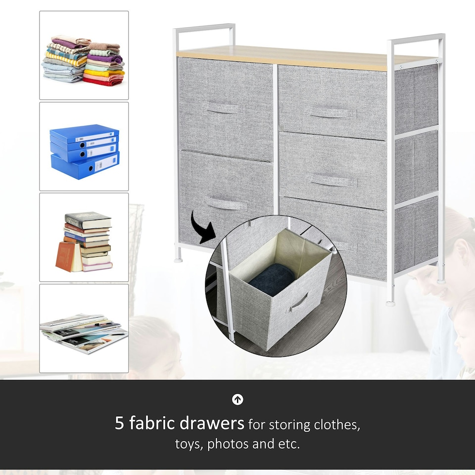 image 1 of HOMCOM 5 Drawer Linen Basket Storage Unit Home Organisation w/ Shelf Handles