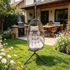 Fimous Rattan Garden Hammock Foldable Single Hanging Egg Chair Indoor Outdoor Patio Furniture with Grey Cushion