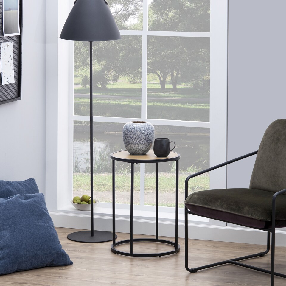 image 1 of Seaford Black Metal Small Round Side Table with Oak Top