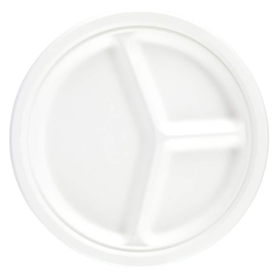 White Round 3 Compartment Compostable Bagasse Plates 26cm - Pack of 125