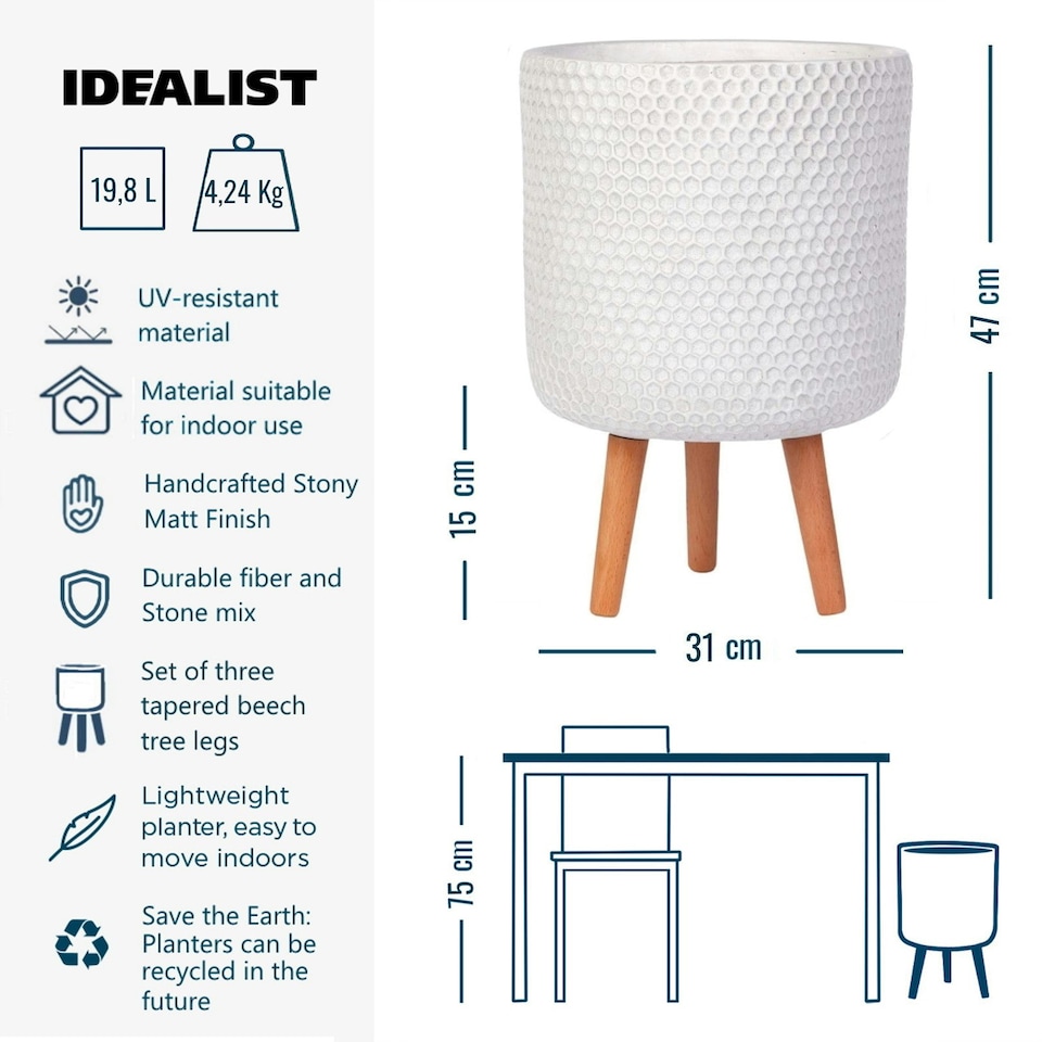 image 1 of Honeycomb Style White Cylinder Planter on Legs, Round Pot Plant Stand Indoor D31 H47 cm, 19.8 ltrs Cap.