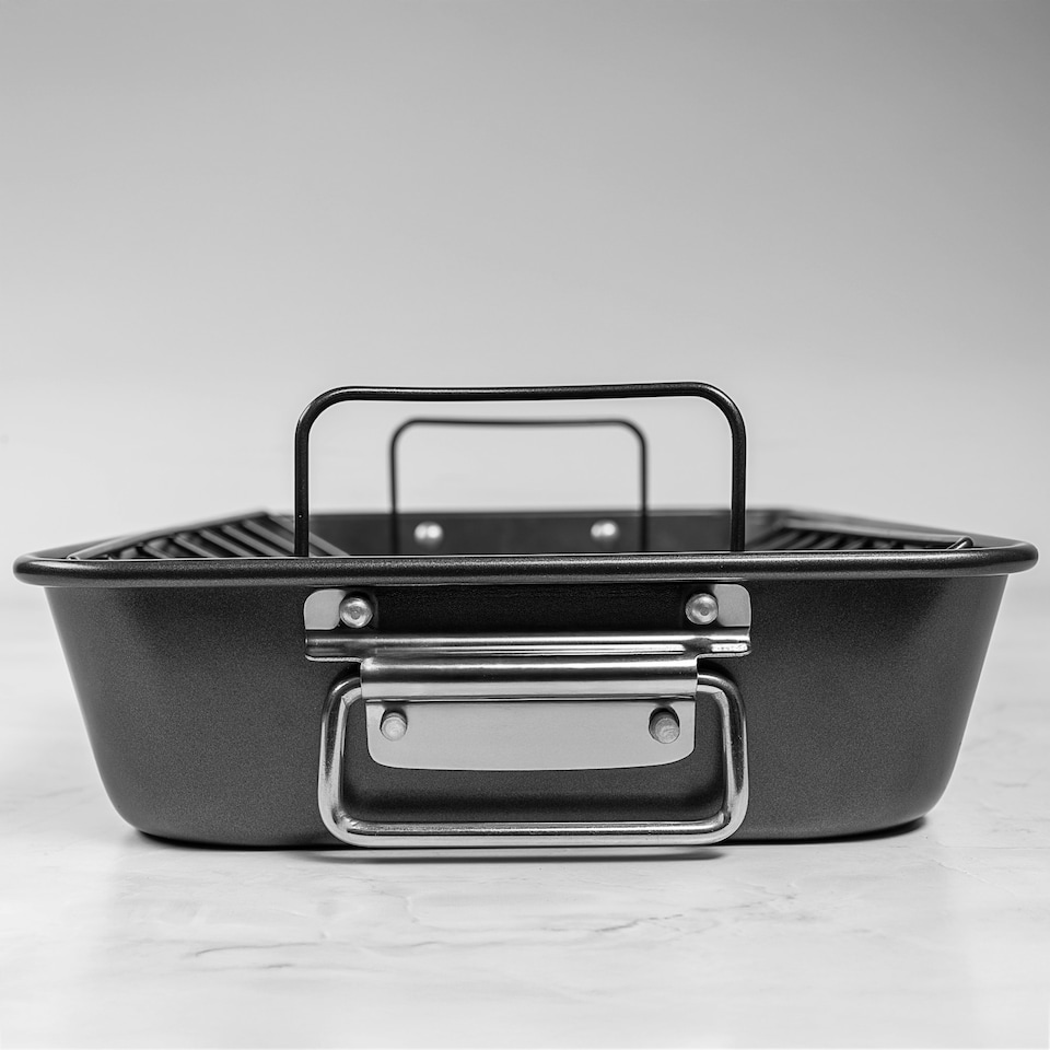 image 1 of ProChef 15" Non-Stick Carbon Steel Roasting Pan with V Rack Heavy-Duty Tray Black | L