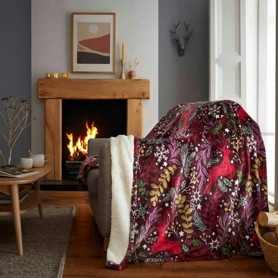 image 1 of Winter Stags Red Sherpa Fleece Throw