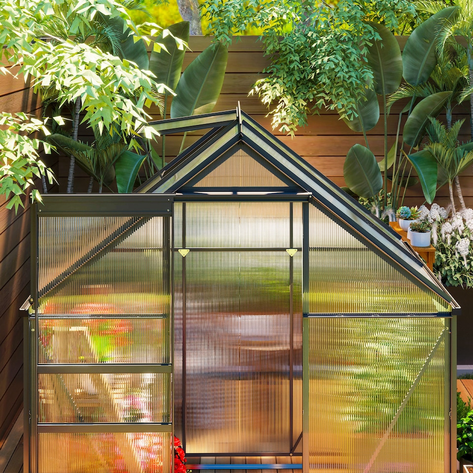 image 1 of Outsunny Polycarbonate Walk-in Garden Greenhouse w/ Sliding Door Grey | Grey | Grey | 1