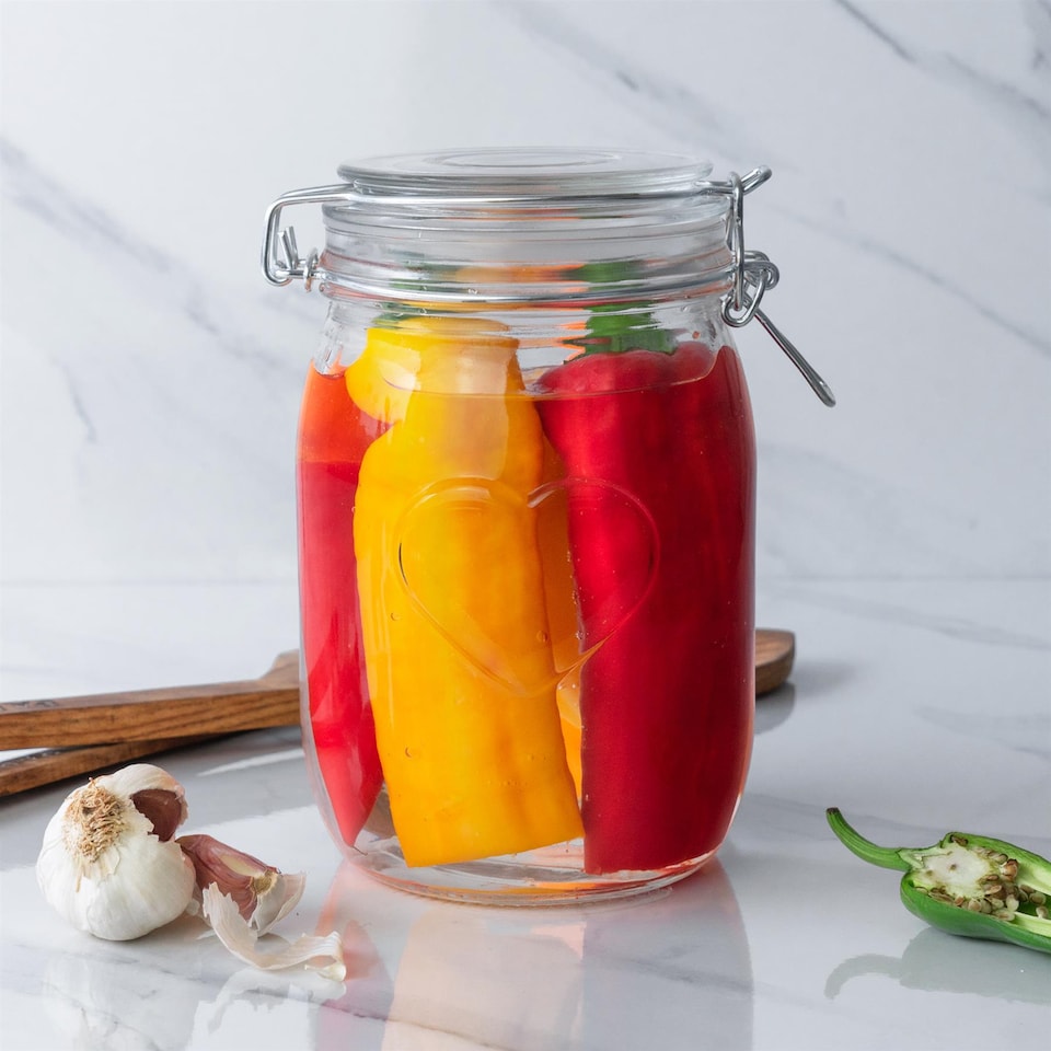 image 1 of Nicola Spring Glass Storage Jar - 1 Litre Airtight Clip Lid Kitchen Vintage Round Preserving Container Heart Shaped Design