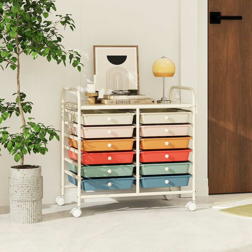 image 1 of COSTWAY 12 Drawers Utility Cart Storage Rolling Macaron
