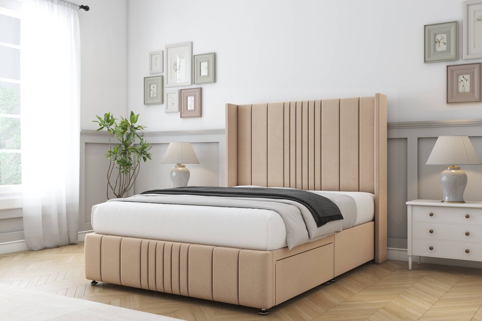 image 1 of Sloomy Hargrave Pebble Plush Divan Bed Base No Drawers With 54 Inch Wingback Headboard & 12 Inch Matching Footboard | Brown | Pebble | Small Single | 1