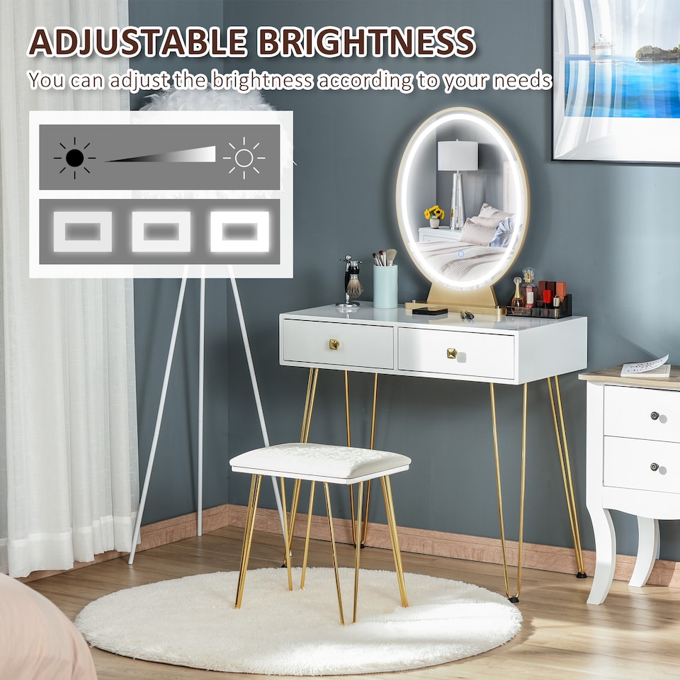 image 1 of HOMCOM Dressing Table Set With LED Mirror & Stool 2 Drawers Makeup Desk