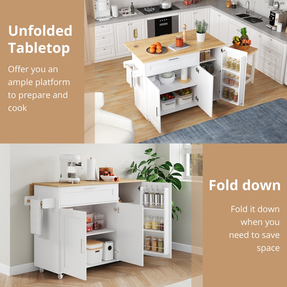 image 1 of VILUXE Mobile Kitchen Island with Foldable Worktop, Drawer, Adjustable Cabinets, 3 Door Spice Racks, Towel Rail and 5 Wheels, White and Natural Wood