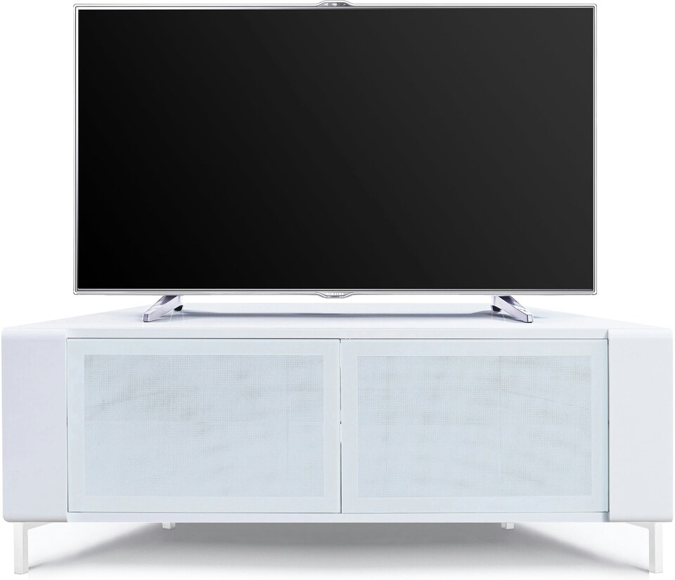 image 1 of MDA Designs CORVUS Corner-Friendly Gloss White Contemporary Cabinet with White Profiles White BeamThru Glass Doors Suitable for Flat Screen TVs up to 50" | White | 1