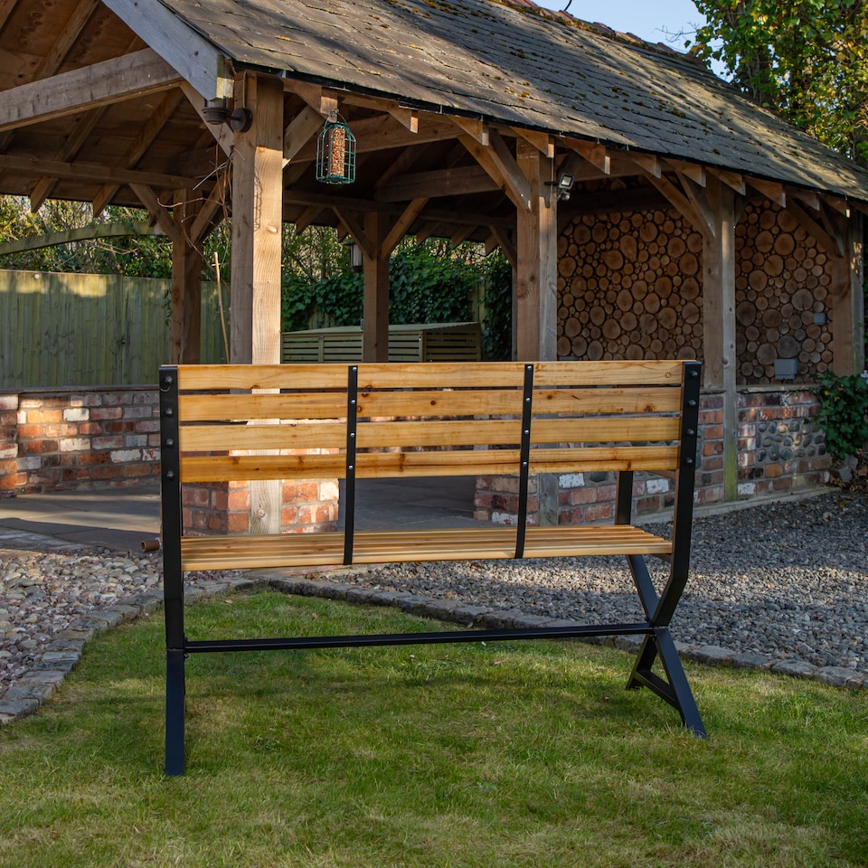 image 1 of Kendal 2 Person Outdoor Modern Cross Design Metal Wooden Garden Patio Bench