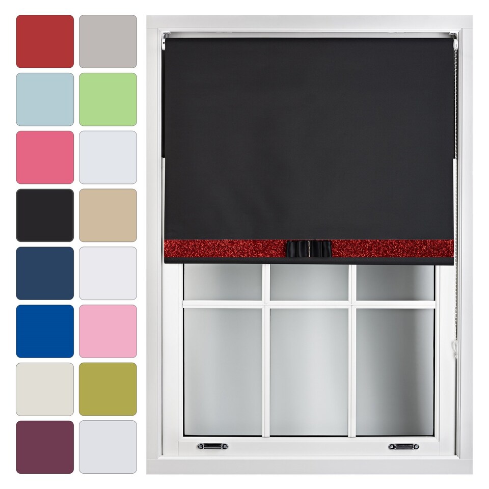image 1 of FURNISHED Blackout Roller Blinds with Glitter Trim and Bow Insulated Designed Window Shade | Black | Black | (W) 210cm x (L) 210cm