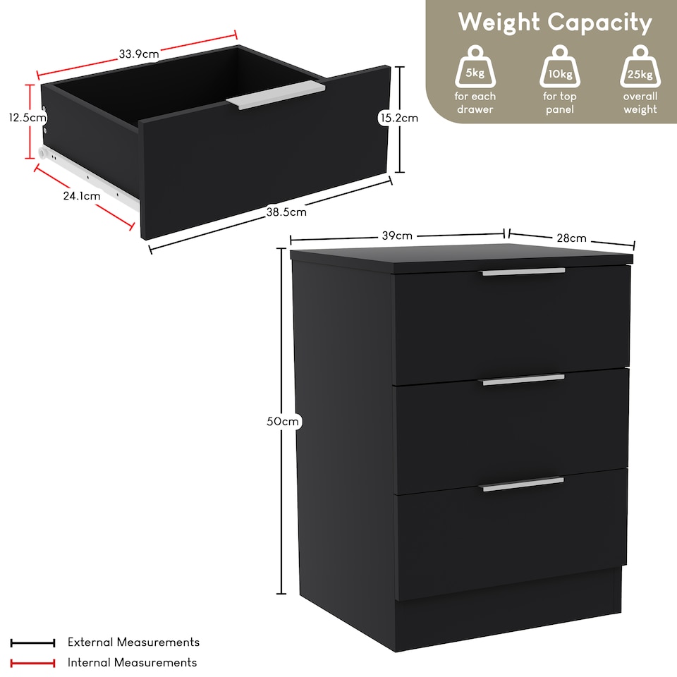 image 1 of Vida Designs Trega 3 Drawer Bedside Chest Bedroom Storage Unit, (H) 50cm x (W) 39cm x (D) 28cm, Black