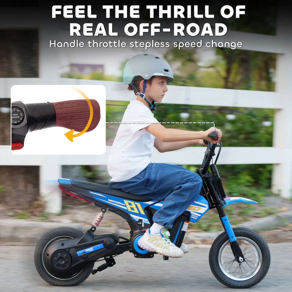 image 1 of AIYAPLAY Kids Electric Motorbike, 24V Battery Powered Dirt Bike with 250W Motor, 6-16km/h, 7AH Batteries, 12" Inflatable Tires and Rear Suspension, Ride On Motorcycle for 8-12 Years Old | Blue