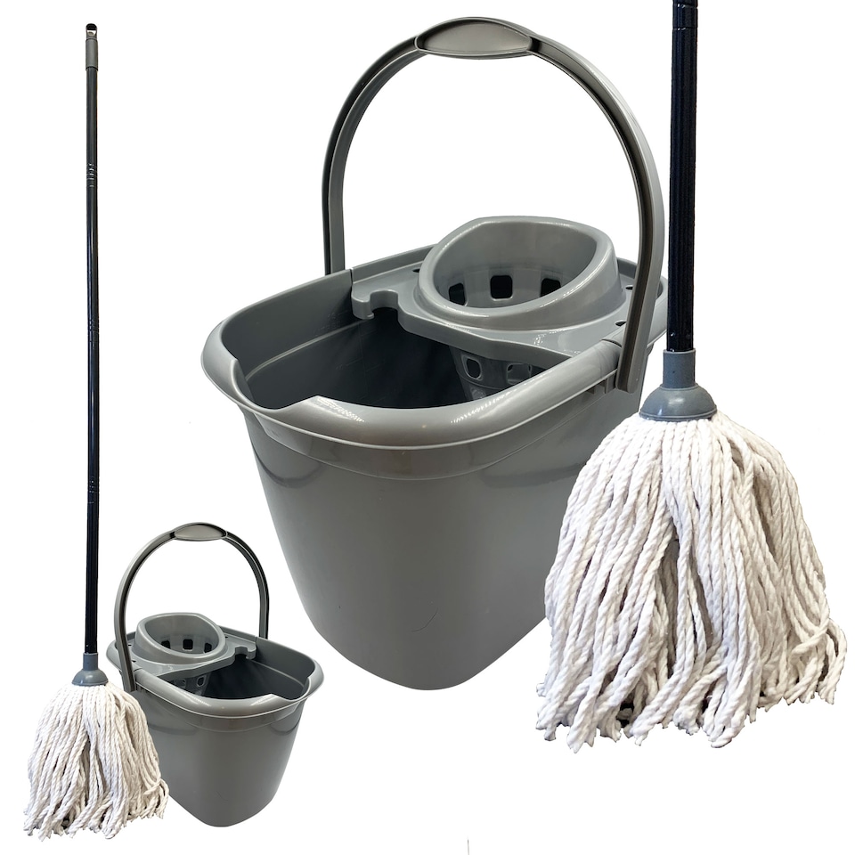 image 1 of Traditional Pure Cotton Mop and Bucket Set 12L Grey Floor Cleaner with Wringer