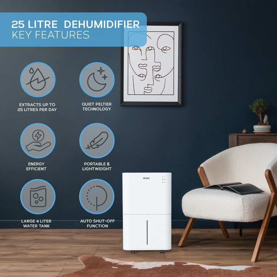 image 1 of Air Pro 25L/Day Digital Dehumidifier - WIFI App - Large 4L Tank, Sleep Mode, Portable Electric Mould, Damp, Condensation Remover