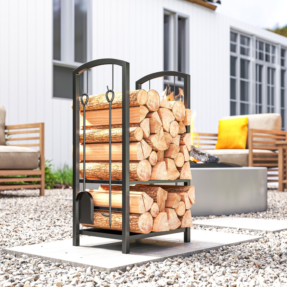 image 1 of Outsunny Metal Firewood Log Holder 2 Layer Firewood Rack Indoor Outdoor Fireplace Wood Storage Shelf with 4 Tools and Hooks, Black, 40L x 30W x 74.5H cm