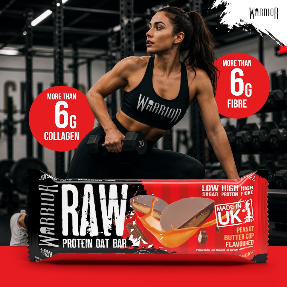 image 1 of Warrior RAW Protein Bars 12 x 75g – 20g High Protein Bar, Low Sugar High Fibre Oat Protein Flapjack – Protein Snacks, Meal Replacement Bars (Peanut Butter Cup)