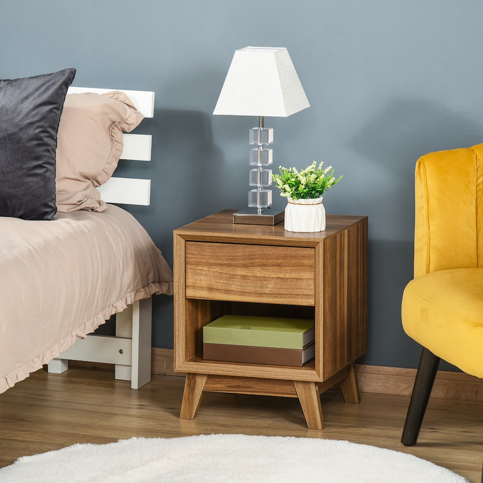 image 1 of HOMCOM Modern Bedside Table Nightstand, Living Room End Table, Side Table with Drawer and Shelf, Walnut Brown
