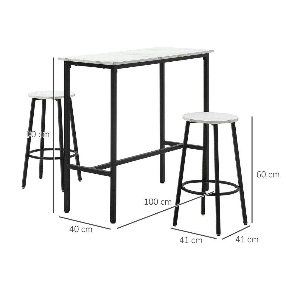 image 1 of HOMCOM 3 Piece Bar Table Set for 2 with Stools Steel Frame Footrest White