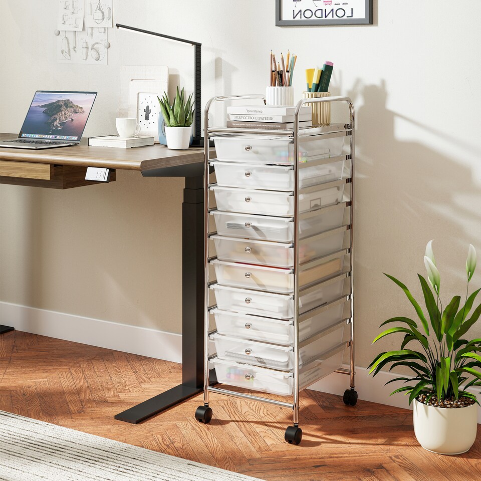 image 1 of COSTWAY 10 Drawer Rolling Storage Cart with Lockable Wheels Clear