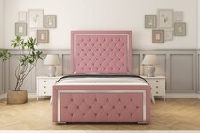 Sloomy Sofia Chrome Pink Plush Bed Frame With Mattress With 50" Upholstered Headboard 4'6 Double