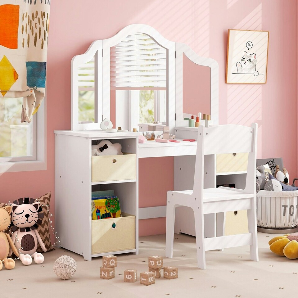 image 1 of COSTWAY Kids Vanity Table & Chair Set Makeup Vanity White