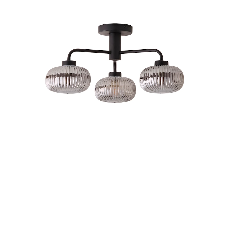 image 1 of ValueLights Amaia Black IP44 3 Way Smoke Ribbed Glass Ceiling Light | Black