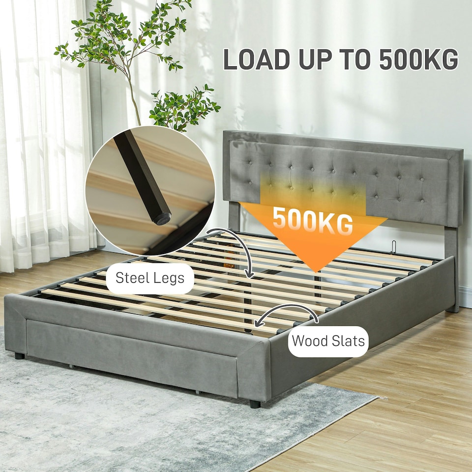 image 1 of HOMCOM King Size Bed Frame with Storage and Adjustable Velvet Headboard