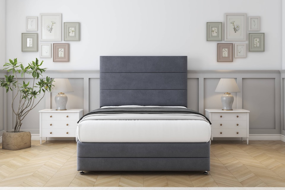 image 1 of Sloomy Monaco Steel Plush Divan Bed Base 2 Drawers Left Side With 54 Inch Floor Standing Headboard & 12 Inch Matching Footboard | Grey | Steel | Small Single | 1