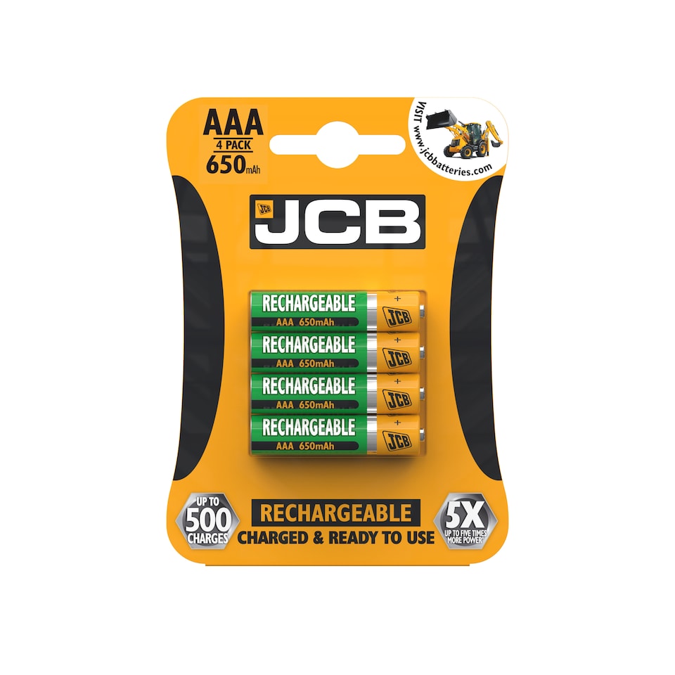 JCB AAA 650mAh Rechargeable Batteries - Pack of 4 | Green | AAA | 4