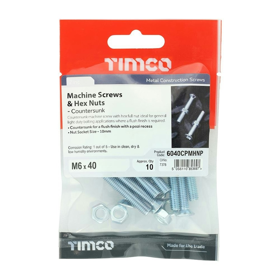 image 1 of Timco - Machine Screws - PZ - Countersunk & Hex Nuts - Zinc (Size M6 x 40 - 10 Pieces)