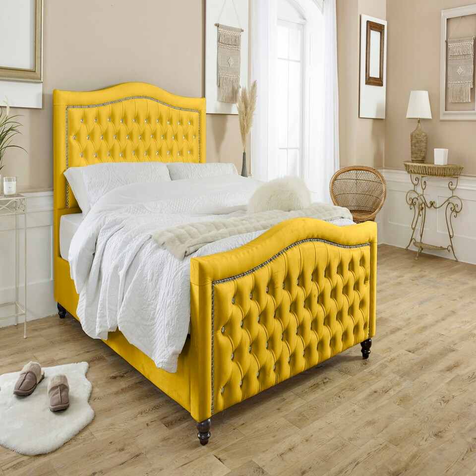 Saturn Plush Double Bed Frame - Mustard Gold
