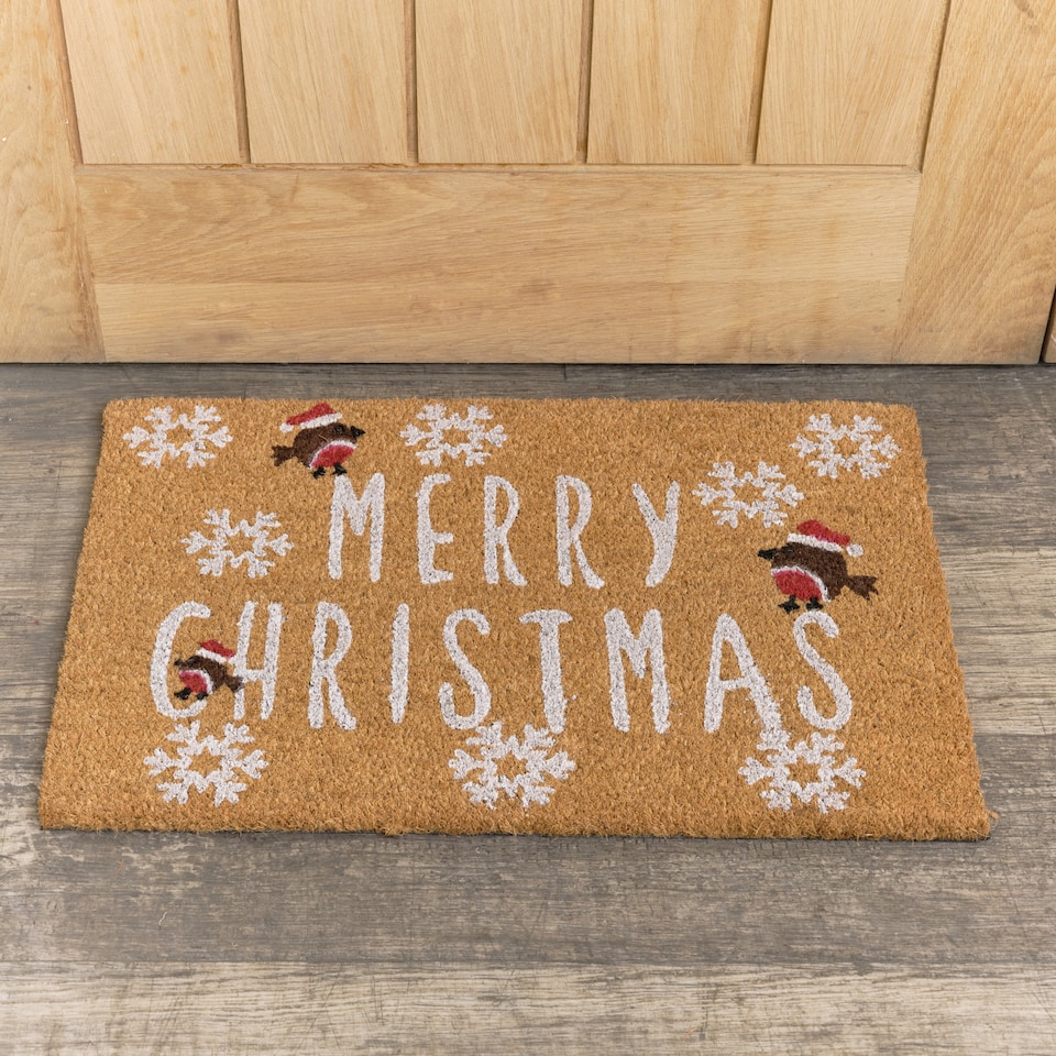 image 1 of Merry Christmas Robin Detail PVC Backed Coir Door Mat 60cm X 40cm