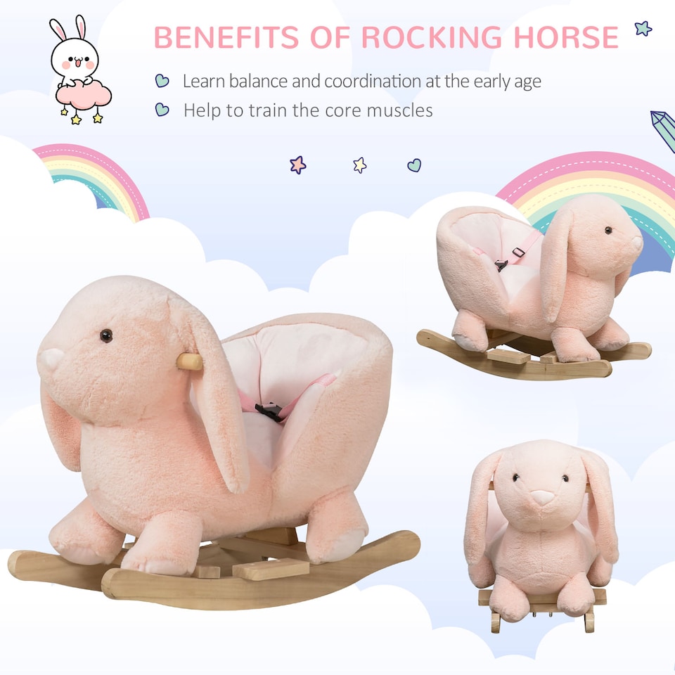image 1 of HOMCOM Kids Rocking Rabbit, Plush Rocking Horse Ride-On with Sound, Wood Base, Seatbelt, for Ages 18-36 Months, Pink