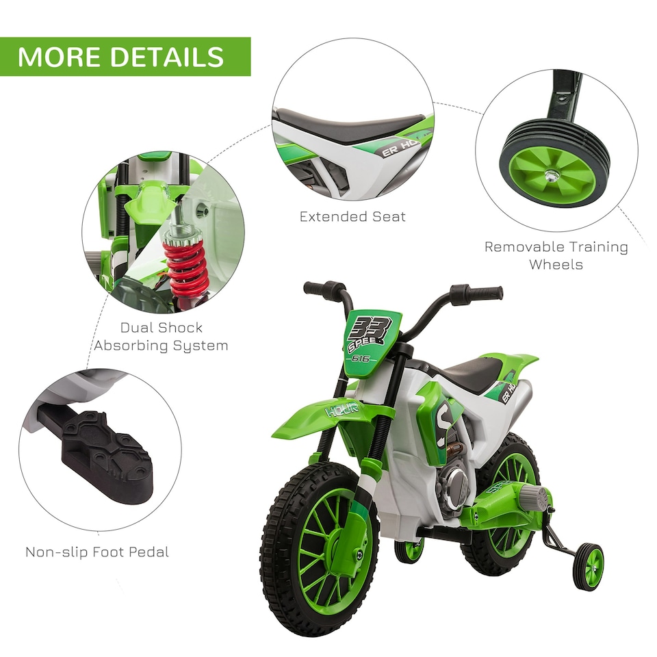 image 1 of HOMCOM 12V Kids Electric Motorbike Ride-On Motorcycle w/ Training Wheels - Green