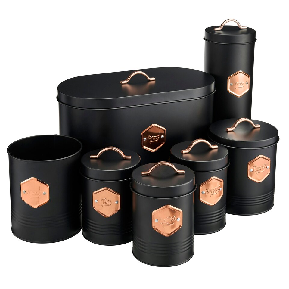 image 1 of Cooks Professional 7-Piece Kitchen Storage Set | Tea Coffee Sugar Bread Biscuit Pasta & Utensil Cannisters | Black & Copper