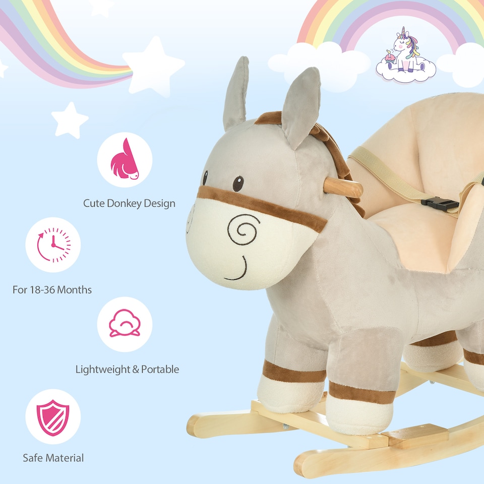 image 1 of HOMCOM Kids Rocking Horse, Children Plush Ride On Donkey Animal Rocker with Sound, Wood Base Seat, Safety Belt, Baby Toy Rocker for Toddler 18 - 36 Months, Grey