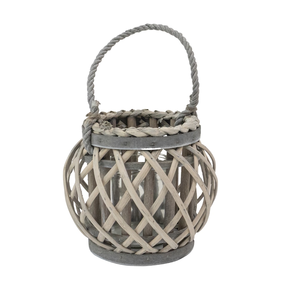 image 1 of JVL Luna Natural Round Willow Wood Lantern With Braided Rope Handle, Grey Wash
