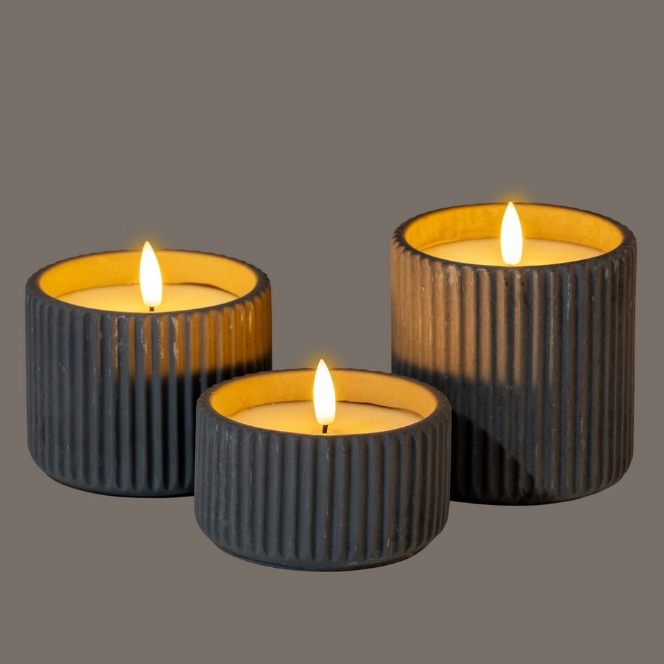 image 1 of Luxe Collection Natural Glow Chalk Ribbed Medium Led Candle - Wax - L7 x W7 x H9 cm - Grey