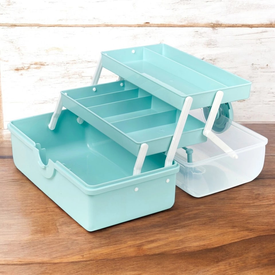image 1 of Plastic Cantilever Sewing Craft Box 3 Tier Tray Organiser Storage Compartments | Multi | Mint Green