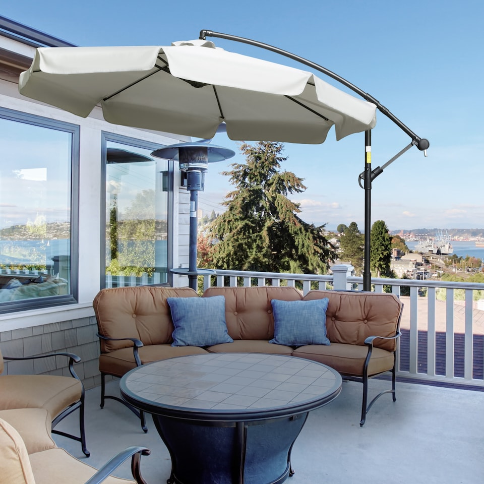 image 1 of Outsunny 2.7m Garden Banana Parasol Cantilever Umbrella with Crank Handle and Cross Base for Outdoor, Hanging Sun Shade, Cream White