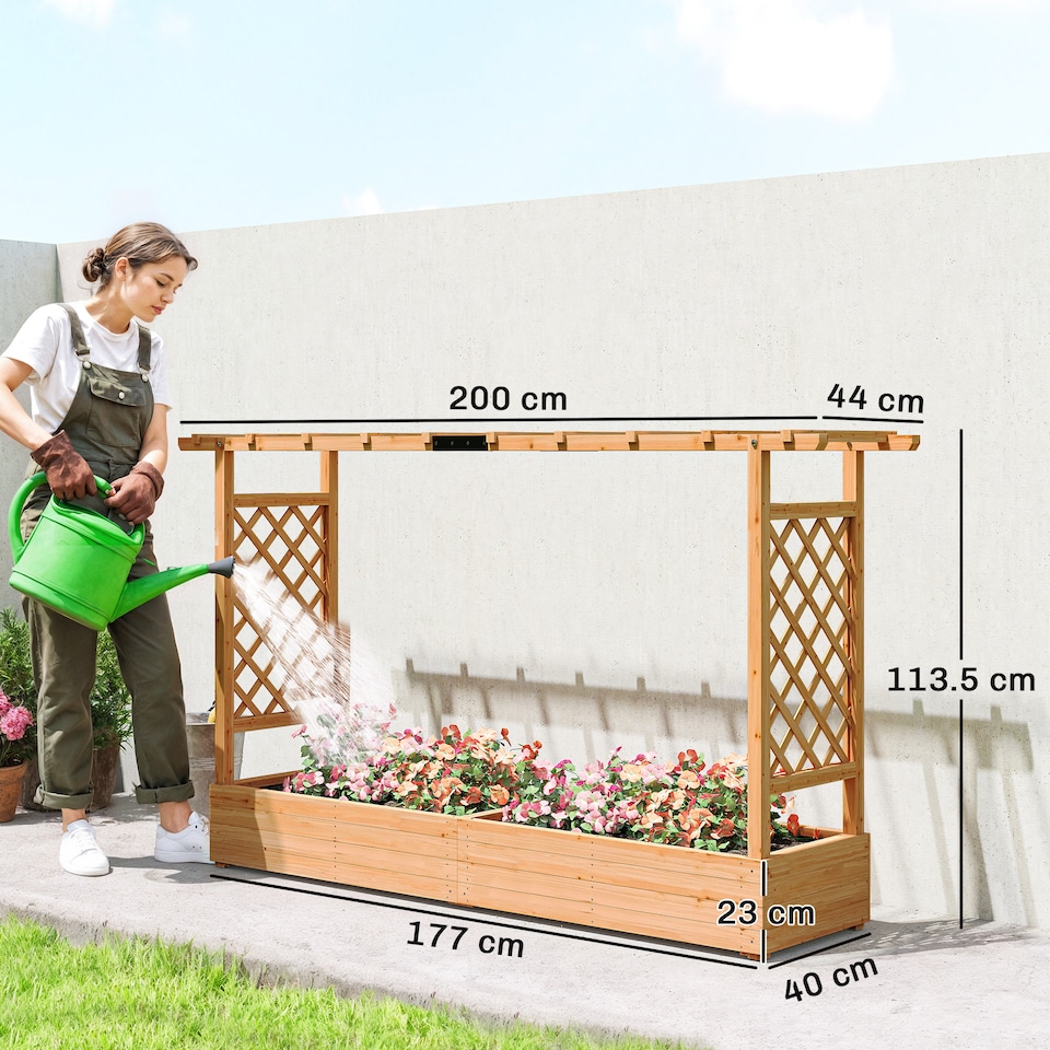 image 1 of Outsunny Raised Bed for Garden with Trellis, 200 x 44 x 113.5 cm, Natural | Brown