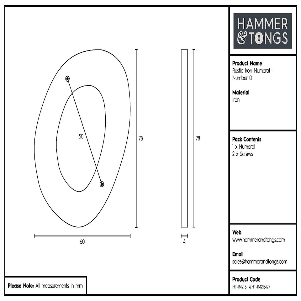 image 1 of Hammer & Tongs Rustic Iron Numeral - Number 0 - H80mm - Raw