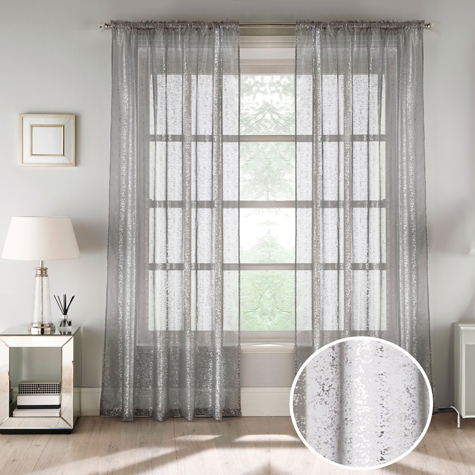 image 1 of Pair of Pandora Grey Glittery Metallic Print Panel with Rod Pocket Header 229 CMS