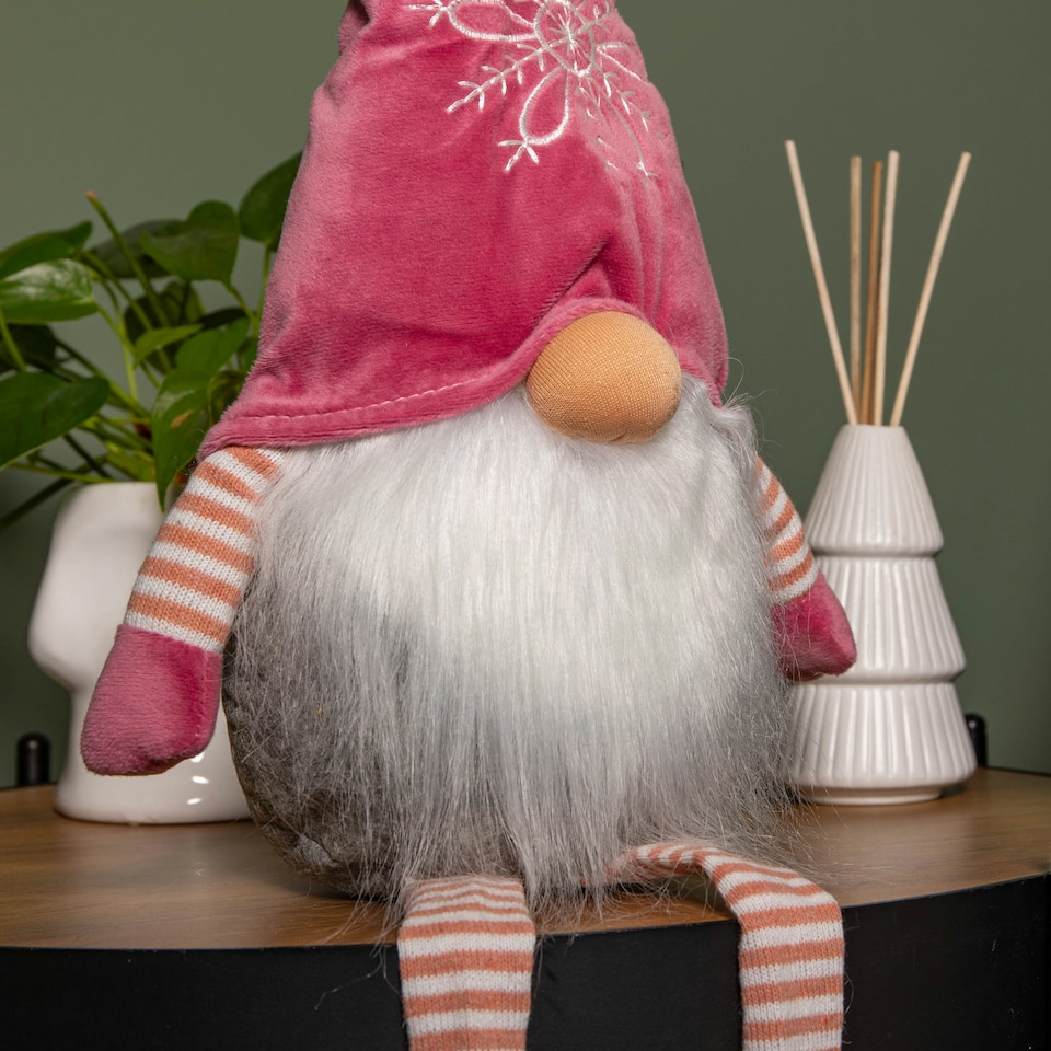 image 1 of 71cm Pink and Grey Sitting Christmas Gonk Decoration with Dangly Legs and Snowflake Hat